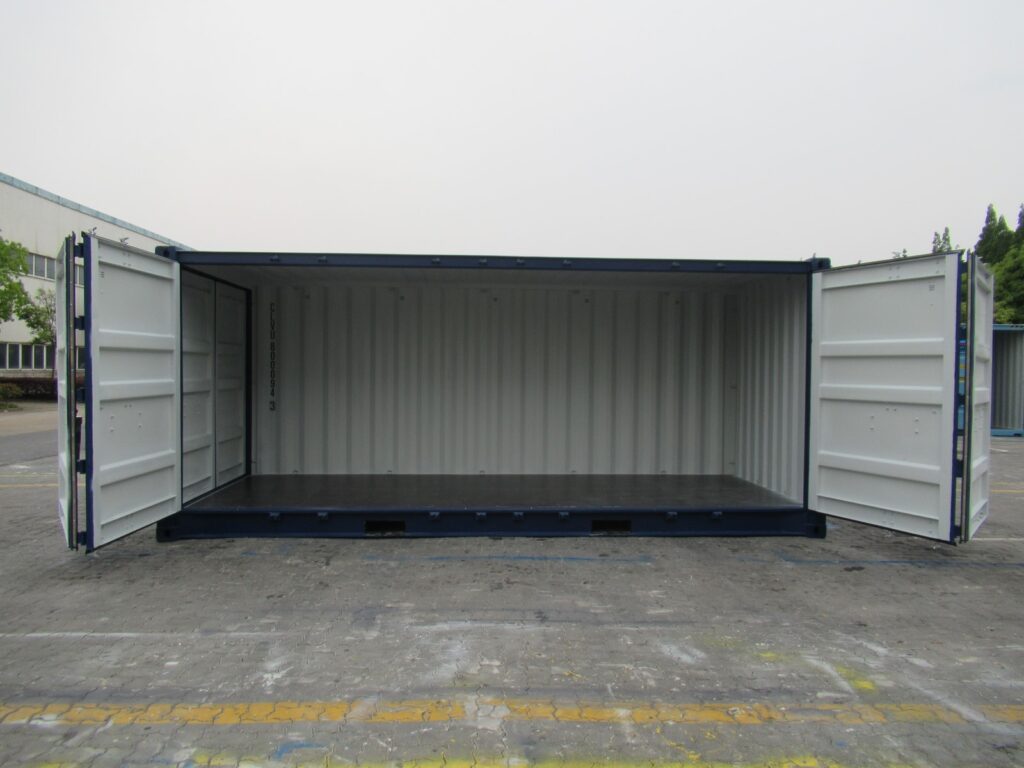 20’ shipping container with full side access - open side container with two sets of bifold doors along one side for full side access, with double swing doors on one end (side).