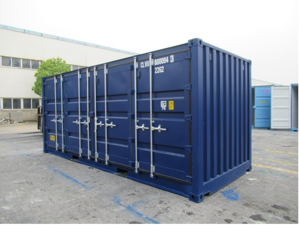 20’ shipping container with full side access - open side container with two sets of bifold doors along one side for full side access, with double swing doors on one end (closed).