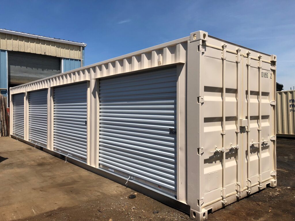 40' conex container with several roll up doors and interior partition walls to form separate compartments