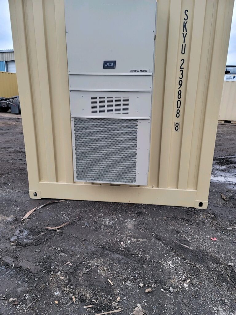 Custom 20 foot full-side-access conex container with an HVAC unit, interior framed insulated plywood walls, side bifold doors, and fully operational end doors (front)