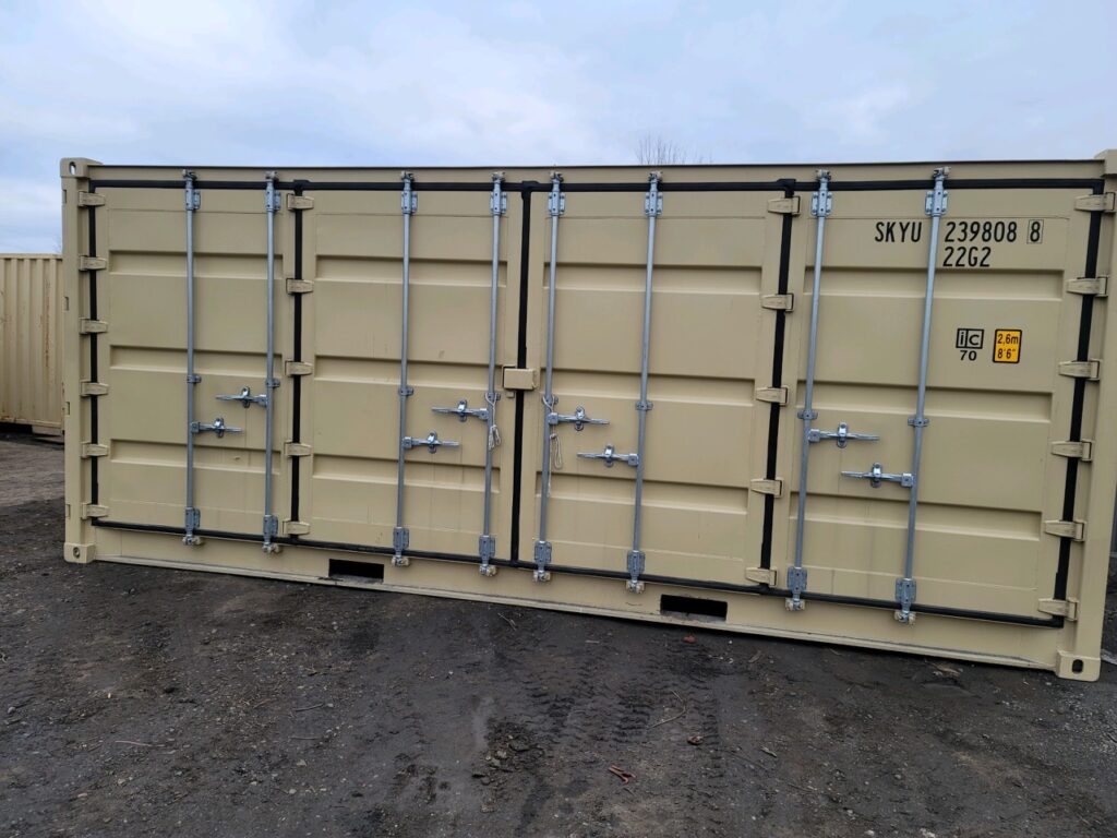 Custom 20 foot full-side-access conex container with an HVAC unit, interior framed insulated plywood walls, side bifold doors, and fully operational end doors (exterior-closed)