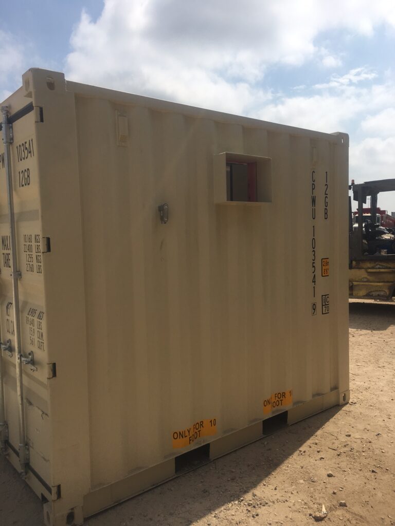 10' shipping container customized with 3068 personnel door frame opening for window type AC unit and interior framed insulated door (back)