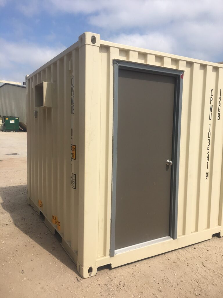 10' shipping container customized with 3068 personnel door frame opening for window type AC unit and interior framed insulated door (front)