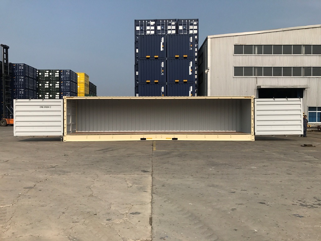40’ L x 8’ W x 9’6’’ high full side access conex shipping container - open side container with sets of bifold doors along one side for full side access, with double swing doors on one end (side).