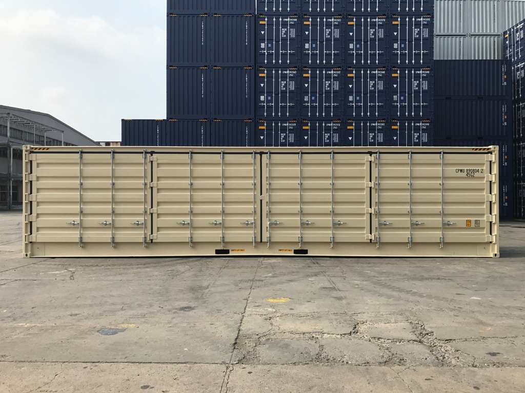 40’ L x 8’ W x 9’6’’ high full side access conex shipping container - open side container with sets of bifold doors along one side for full side access, with double swing doors on one end.