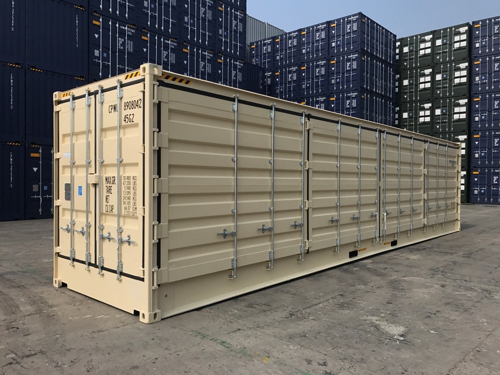 40’ L x 8’ W x 9’6’’ high full side access conex shipping container - open side container with sets of bifold doors along one side for full side access, with double swing doors on one end (side-closed).