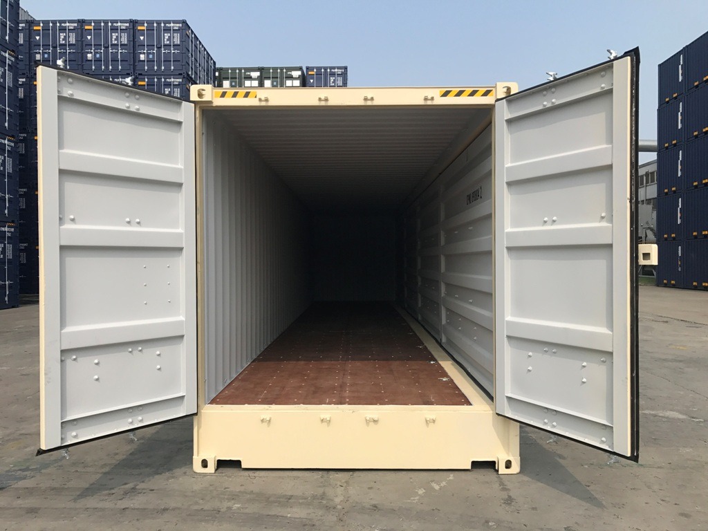 40’ L x 8’ W x 9’6’’ high full side access conex shipping container - open side container with sets of bifold doors along one side for full side access, with double swing doors on one end (end).