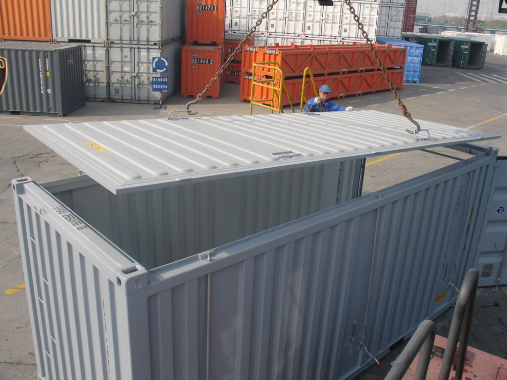 20' hard top shipping container (20’long X 8′ Wide X 8’6″ High) with 1 piece lift off hard cover, steel floor and vents welded out (closed top)