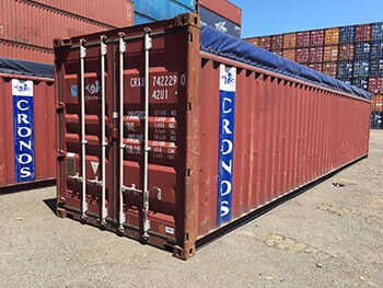 40′ used open top shipping container with removable tarp and roof bows for easy loading (exterior)