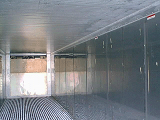 Used 40′ refrigerated freight container with insulated stainless steel interior walls (interior)